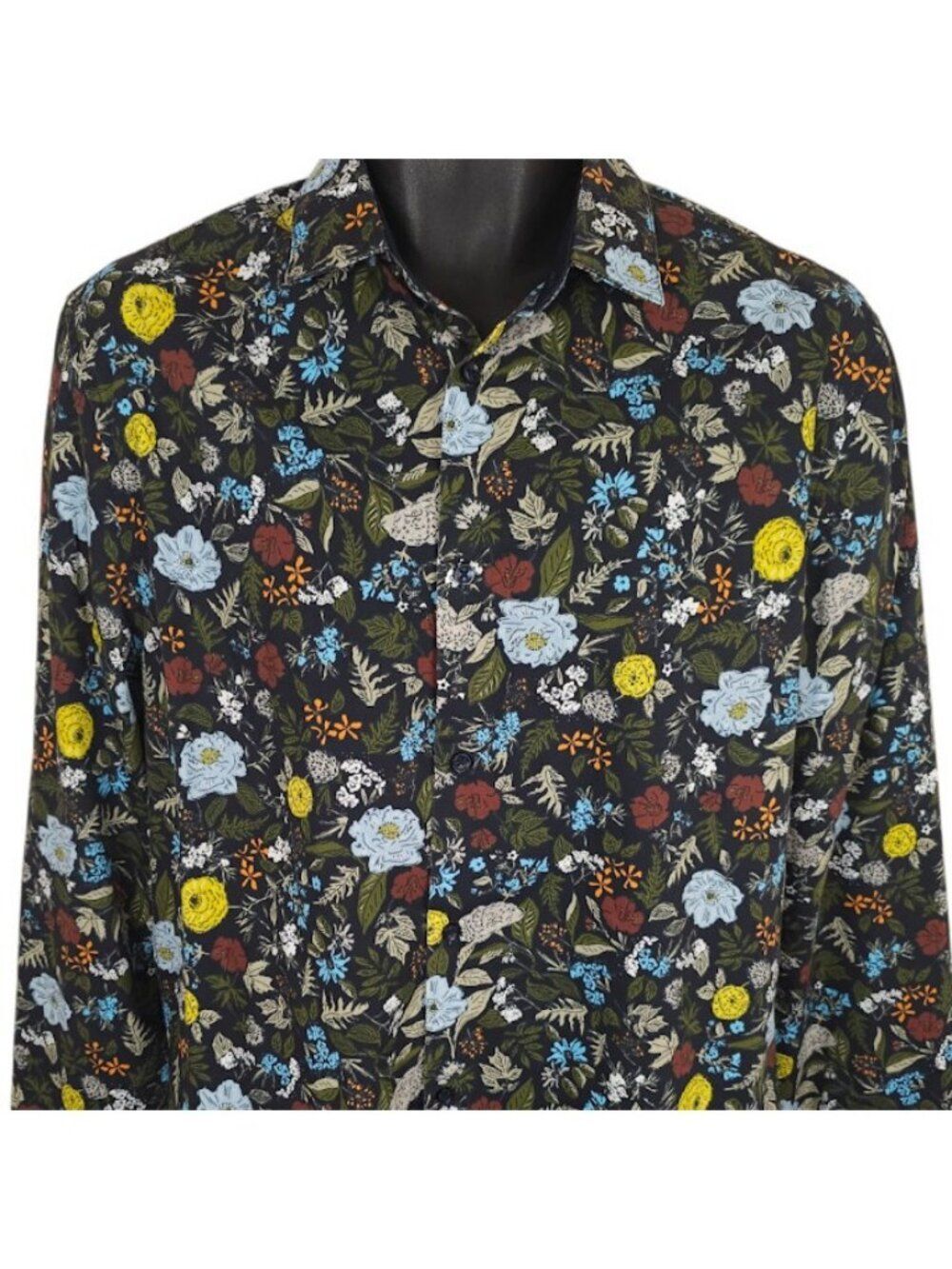 Floral Casual Shirt Mens Size Medium Black Slim Fit All Over Print Button Down